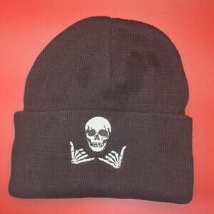 White Skull Skeleton Black Beanie One Size Adult